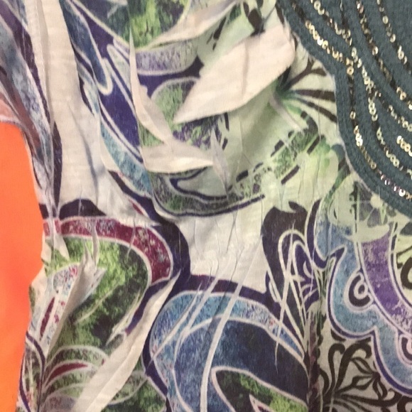 One World Women’s Tunic Top Purple/Green Embroidered V Neck with Sequins Size S - Picture 7 of 11